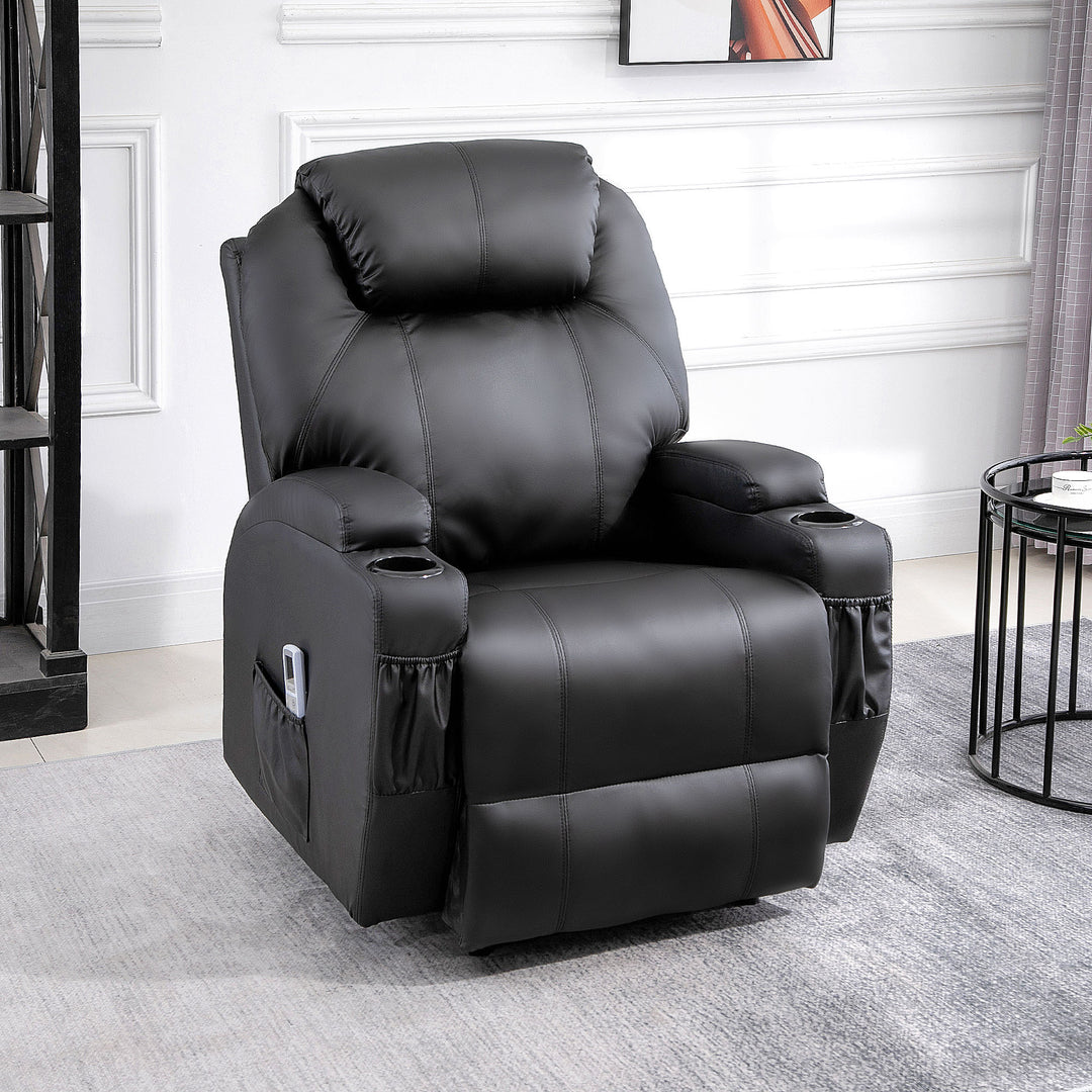 Massagestol elektrisk afslappende stool tv stool massagefunktion lænefunktion tv stool med 2 sidelommer og kopholder kunstlæder sort 82 x 97 x 110 cm