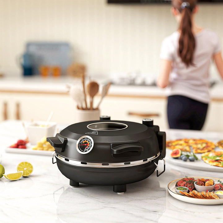 Elektrisk pizzaovn 430 °c, 1200 watt pizzabager med 30 cm stenplade, timer, vindue, rustfrit stål, sort