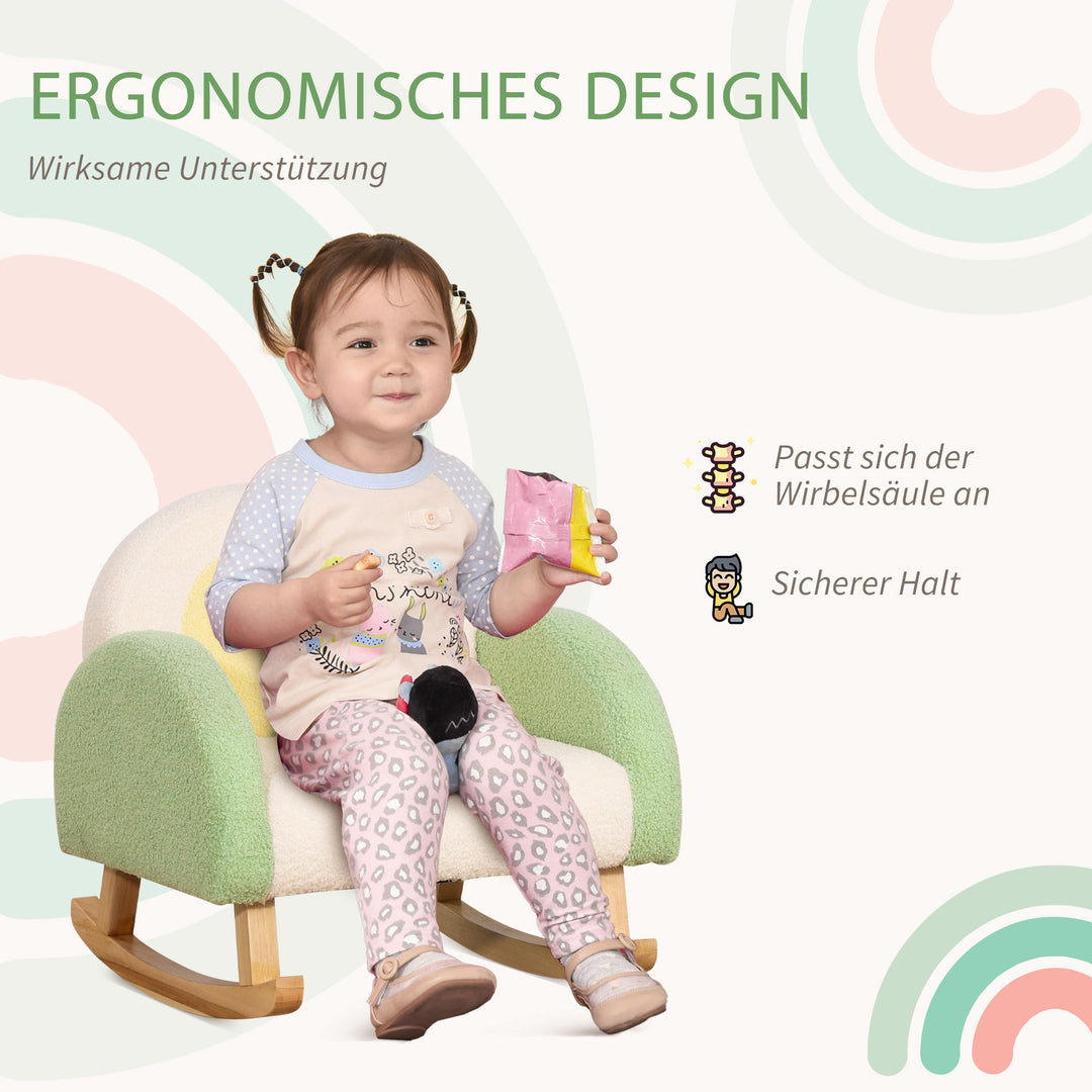 Gyngestol til småbørn sødt design, imiteret fåreskind, eukalyptustræ grøn + gul beige