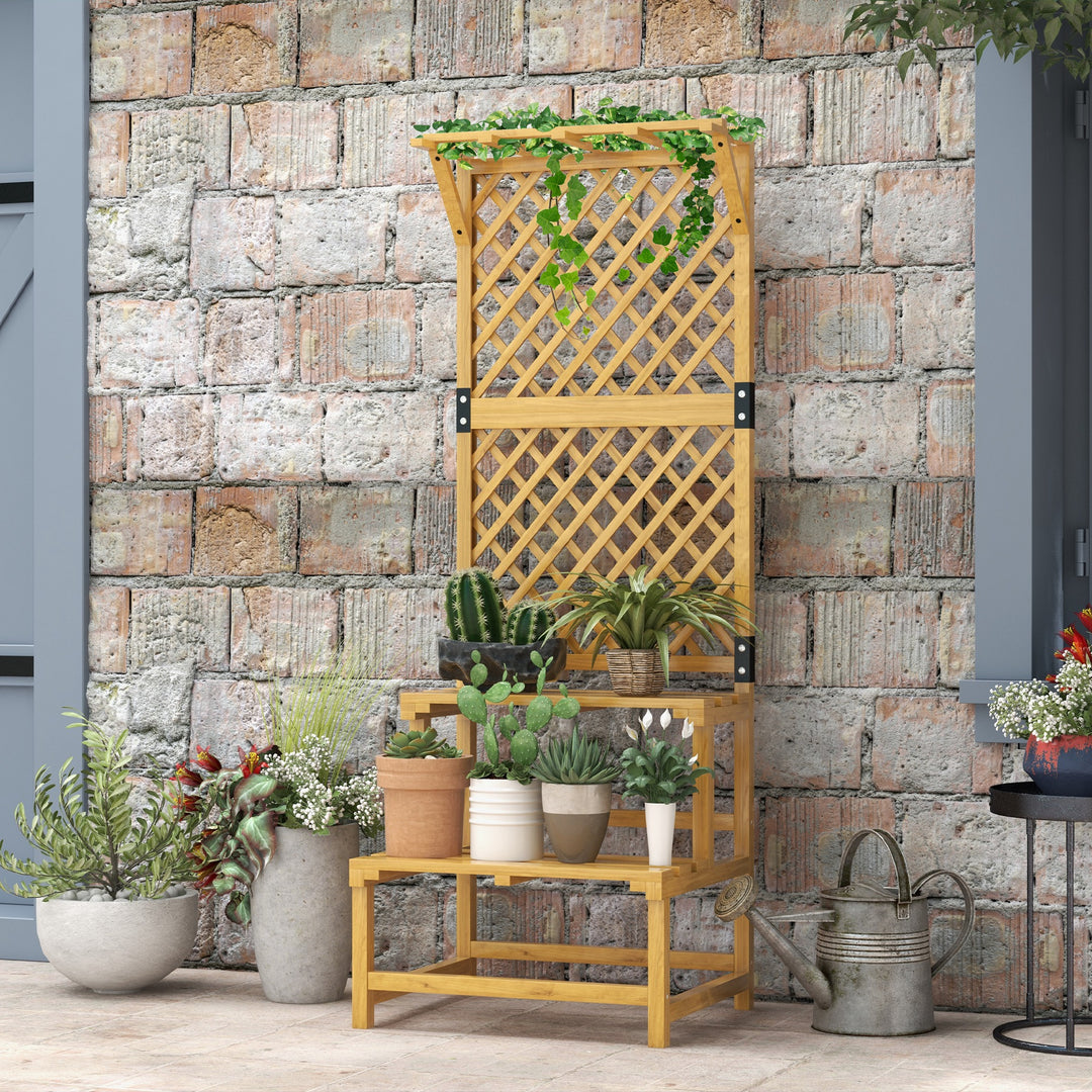 Plantestativ, blomsterhylde, 2 etager, med espalier og tag, fyrretræ, 60x50x166 cm, gul