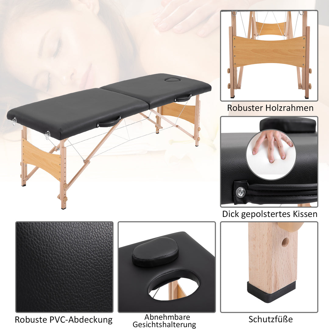 3-zoners foldbar massagebriks med nakkestøtte, armlæn, bæretaske, træben, højdejusterbar, bærbar kosmetikseng til tatovering, spa, salon, sort