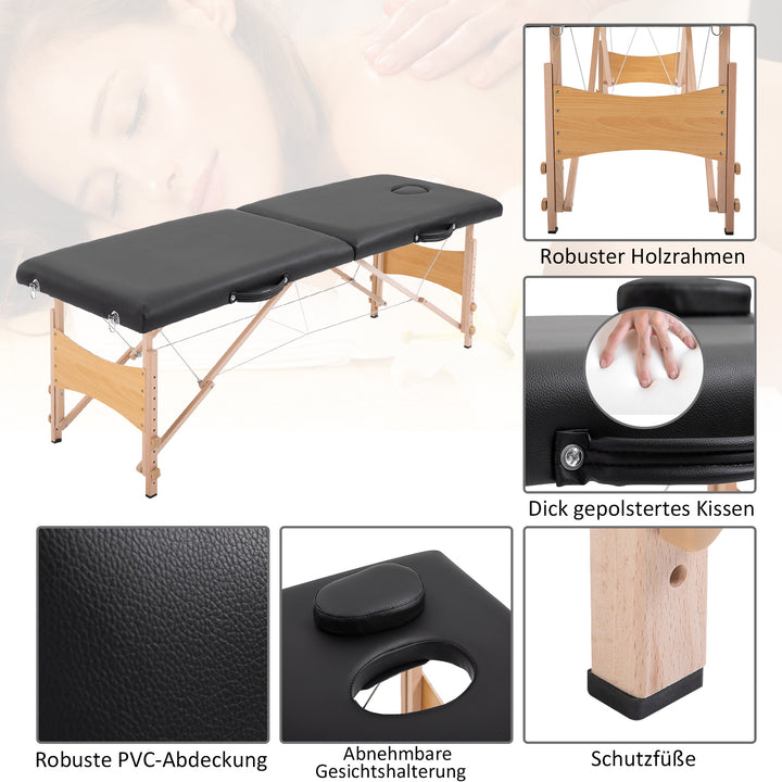 3-zoners foldbar massagebriks med nakkestøtte, armlæn, bæretaske, træben, højdejusterbar, bærbar kosmetikseng til tatovering, spa, salon, sort