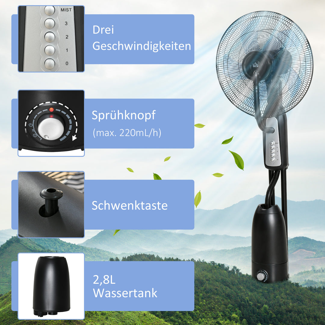 Vandkølet piedestalventilator med justerbar tågefunktion, 3 hastigheder, 2,8 L vandtank, 70° oscillation, 90 W vandventilator med hjul, 120 cm