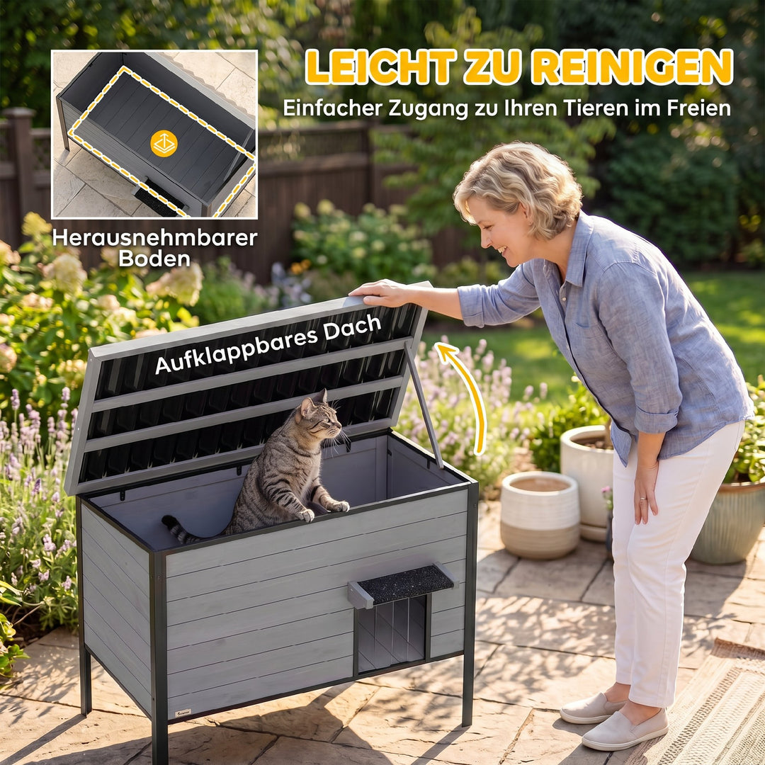Vejrbestandigt kattehus med hængslet tag, aftageligt gulv, indgang til 1-2 katte op til 12 kg, 85x55x70 cm, lysegrå