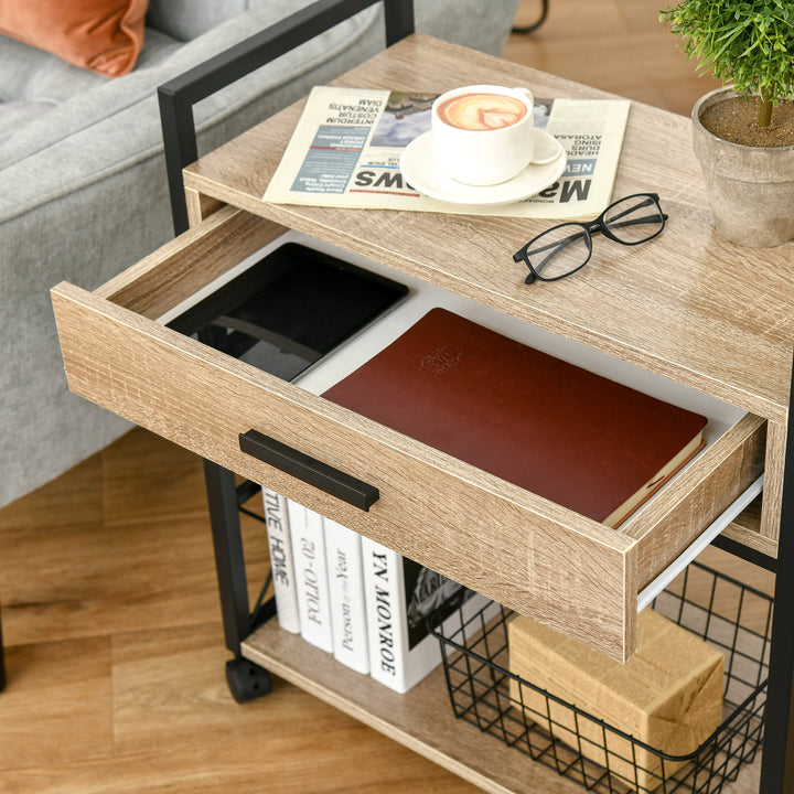 Sidebord serveringsvogn med hjul køkkenvogn sofabord med skuffe opbevaring skænk flytbar spånplade naturlig 60 x 30 x 65 cm