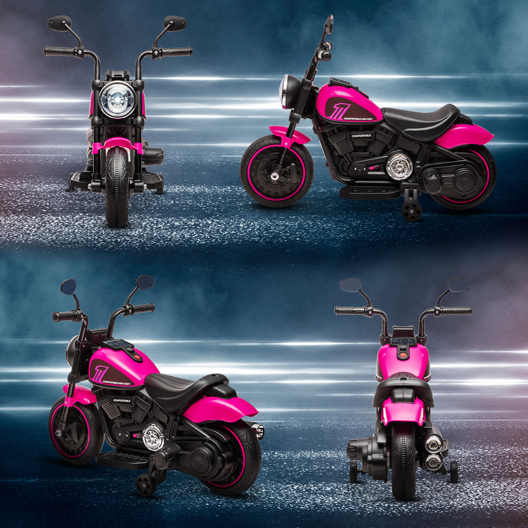 Elektrisk børnemotorcykel med støttehjul, forlygte, 1,5 til 3 km/t, til børn 1,5 til 3 år, pink