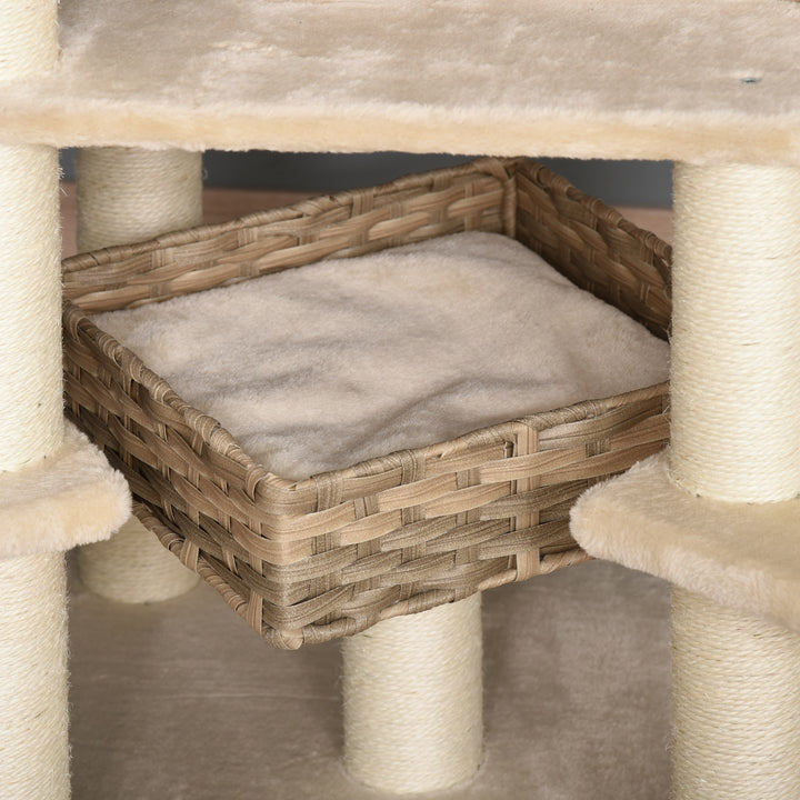 Rattan kradsetræ med kattehule kradsetræ i flere niveauer, klatretræ til katte, e1 mdf sisal, beige+brun, 55 x 55 x 174 cm