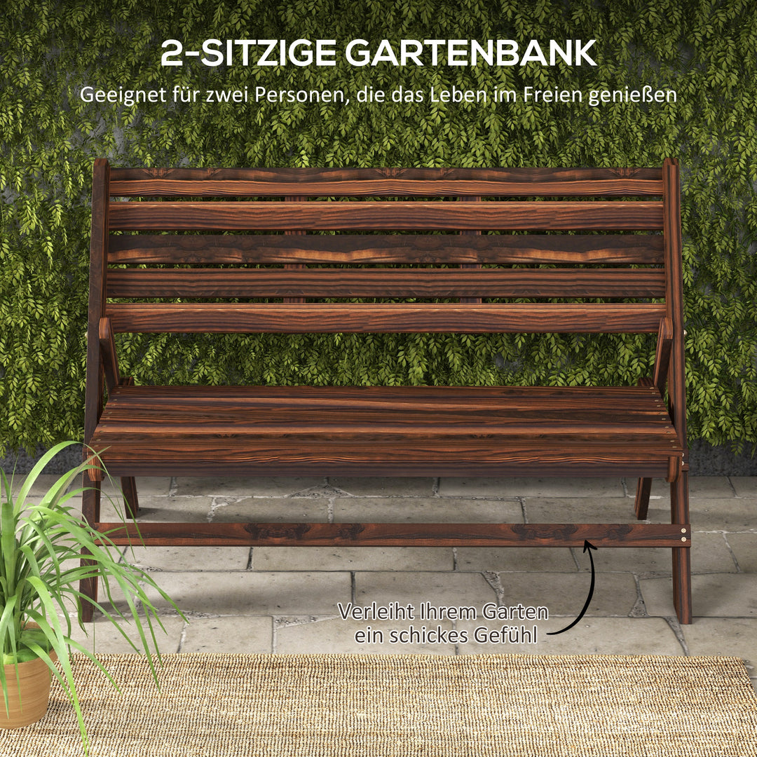 Havebænk til 2 personer, rustikt design, foldbar, naturtræ, 122 x 63 x 83 cm, forkullet overflade