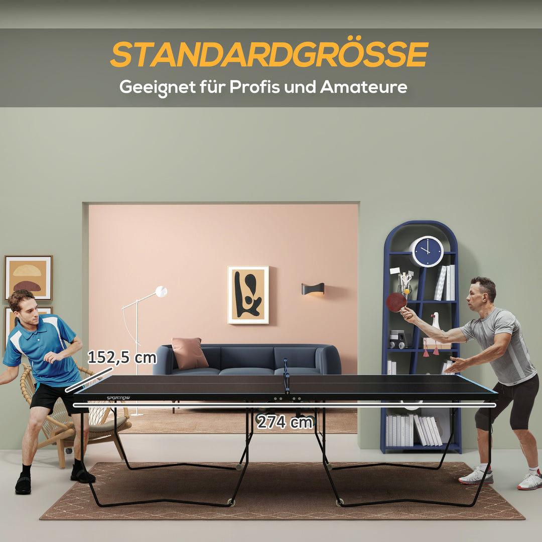 Bordtennisbord, foldbart, 8 hjul, pulverlakeret stålramme, mdf, 274 x 152,5 x 76 cm, sort