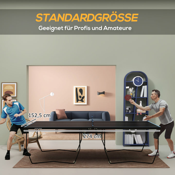 Bordtennisbord, foldbart, 8 hjul, pulverlakeret stålramme, mdf, 274 x 152,5 x 76 cm, sort