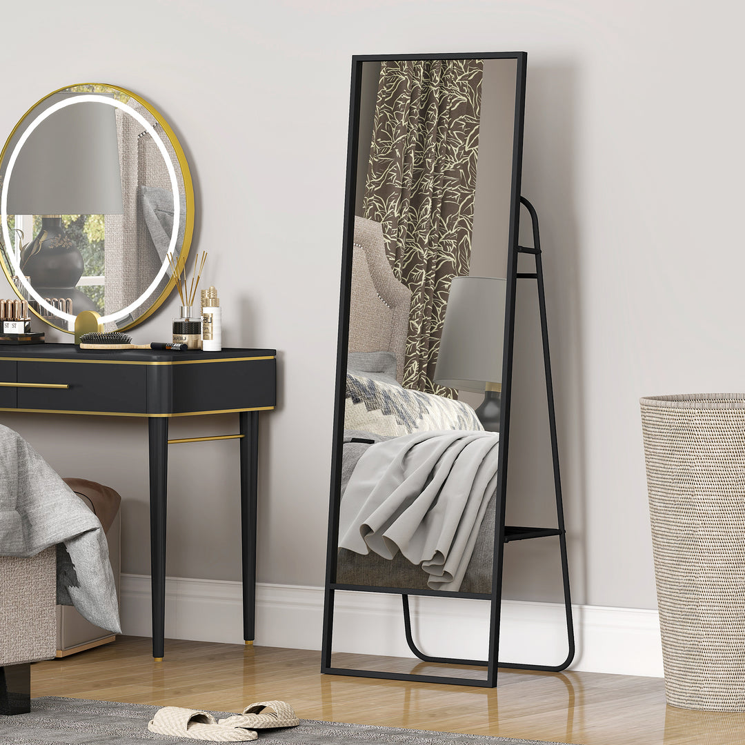 Helfigursspejl, industridesign, baghylde, 2 knager, metalramme, til soveværelse, 157 x 50 cm, sort
