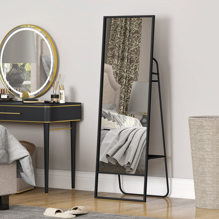 Helfigursspejl, industridesign, baghylde, 2 knager, metalramme, til soveværelse, 157 x 50 cm, sort
