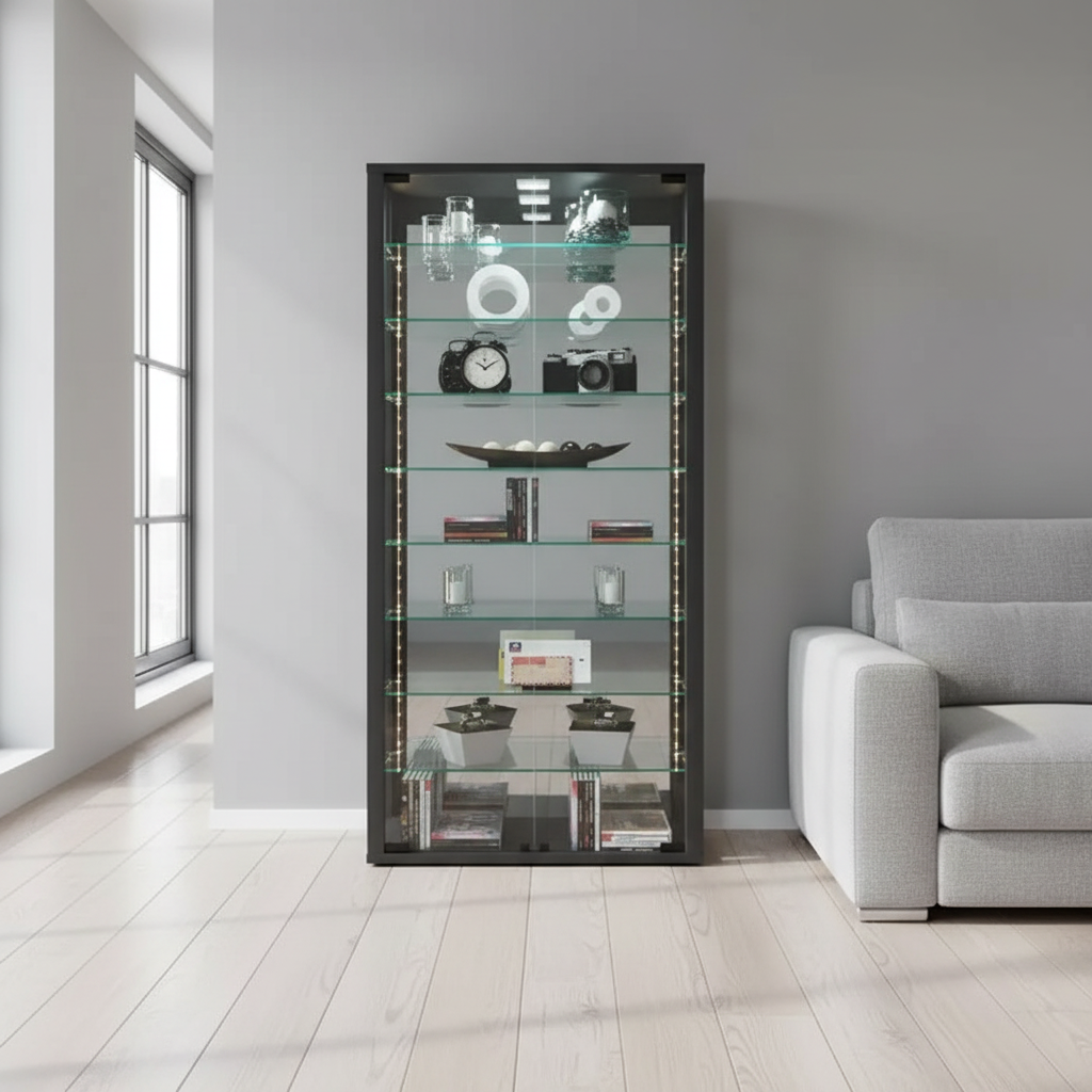 Vitrineskab til væggen med spejl og LED-belysning, 59x115x18 cm, sort