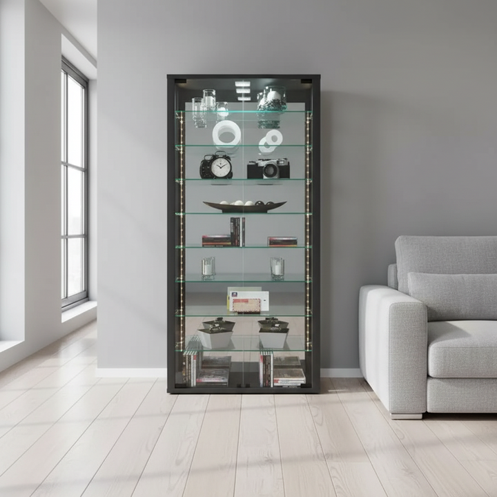 Vitrineskab til væggen med spejl og LED-belysning, 59x115x18 cm, sort