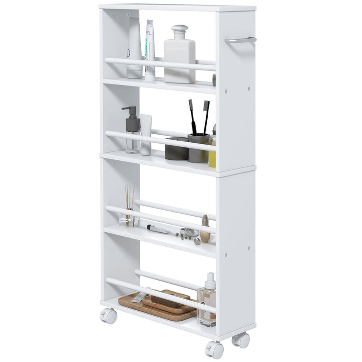 Multifunktionshylde med hjul, slankt design, 4 rum, 45 x 15 x 91 cm, hvid