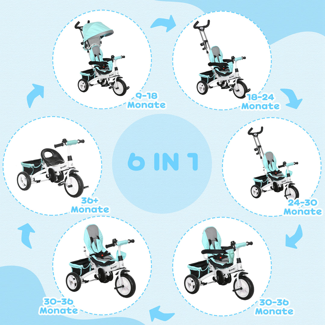 6-I-1 børnetrecykel med skubbehåndtag, kaleche, bælte, opbevaringskurv, til 1-5 år, grøn