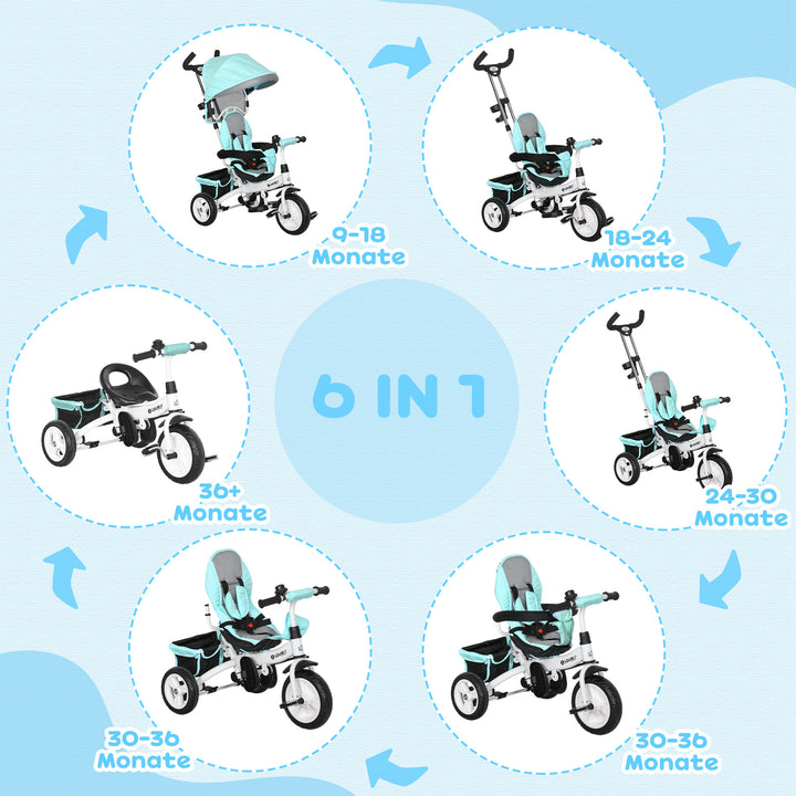6-I-1 børnetrecykel med skubbehåndtag, kaleche, bælte, opbevaringskurv, til 1-5 år, grøn