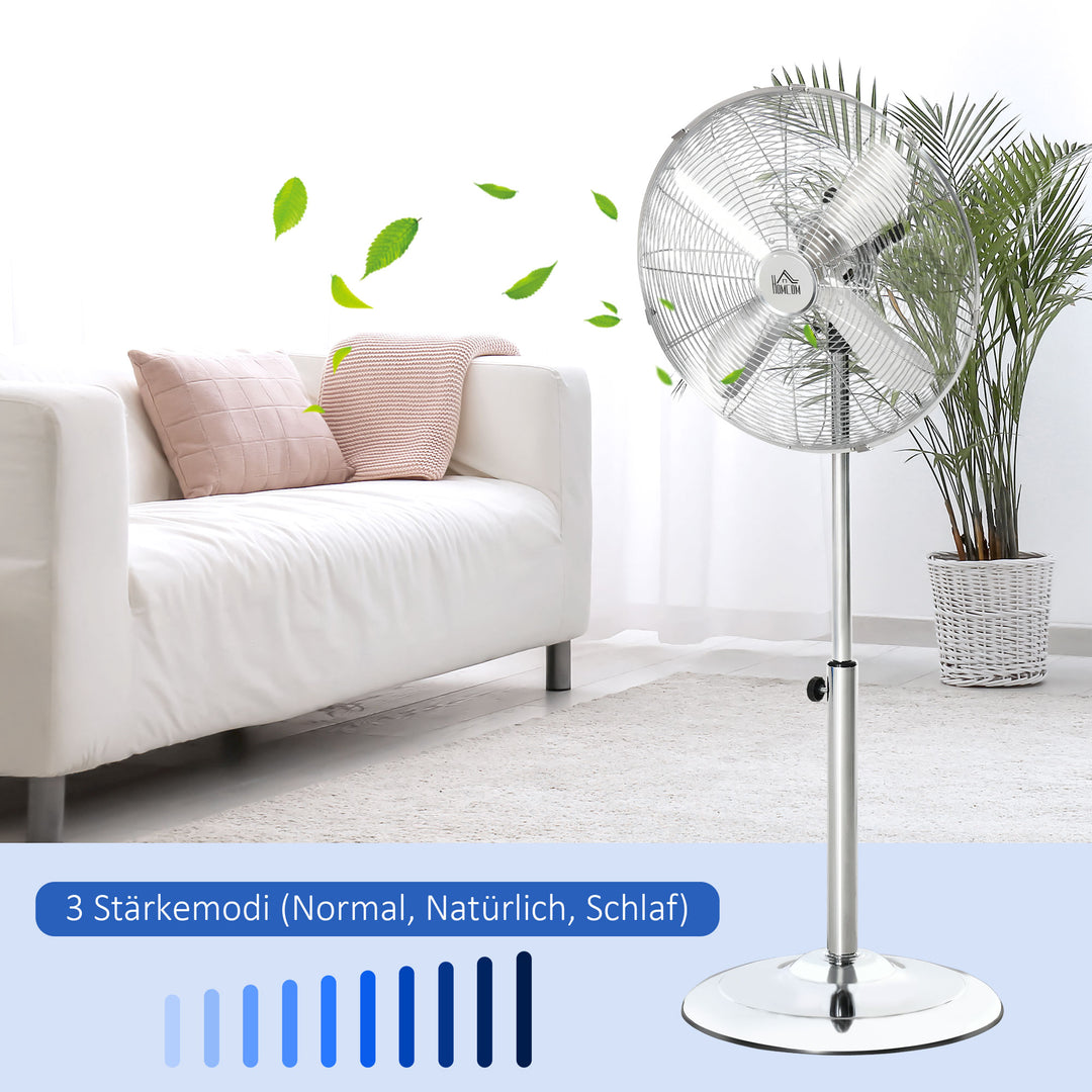 120 cm standerventilator, højdejusterbar ventilator, 3 hastighedsindstillinger, justerbar hældningsvinkel, stål, sølv