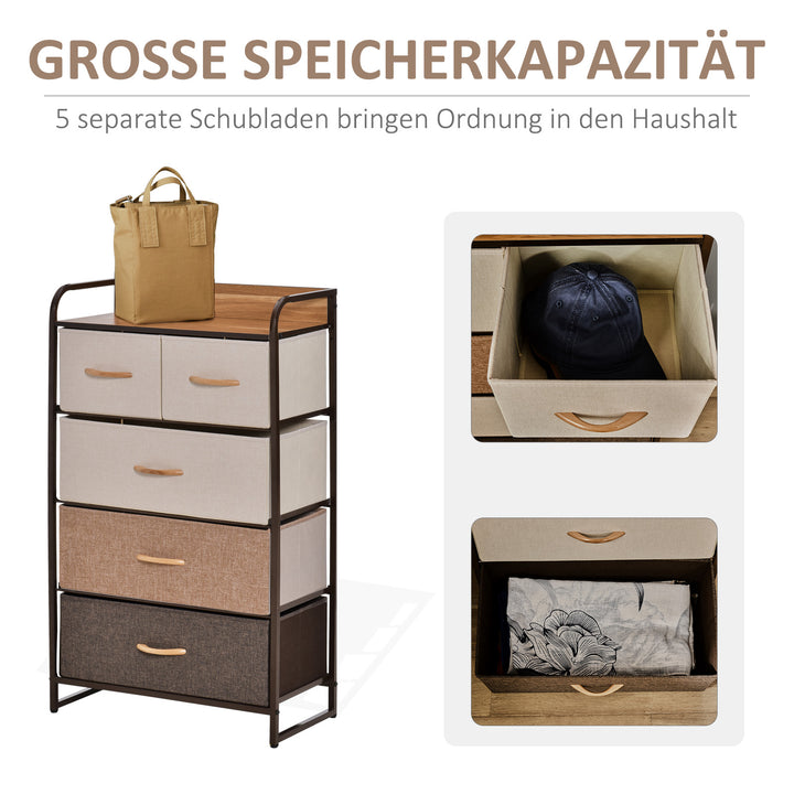 Kommode med 5 sammenklappelige stofskuffer, hylde, robust stålramme, 58 x 29 x 99 cm