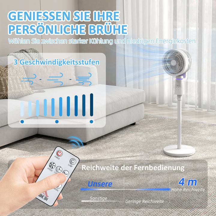 Sokkelventilator, luftcirkulator, ventilator med 3 hastighedsindstillinger, fjernbetjening, timer, 70°+90° oscillation