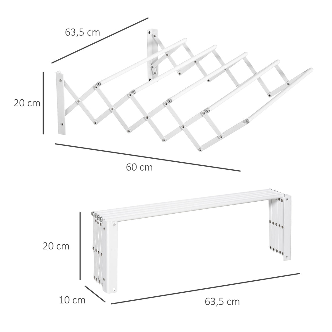 Vægmonteret tørrestativ, udtrækkelig, foldbar, pladsbesparende, hvid, 63,5 x 60 x 20 cm