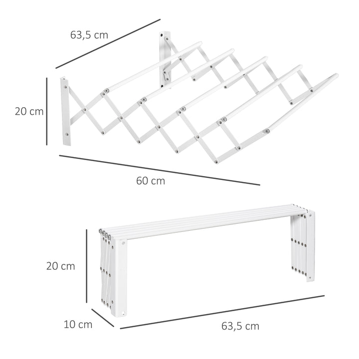 Vægmonteret tørrestativ, udtrækkelig, foldbar, pladsbesparende, hvid, 63,5 x 60 x 20 cm