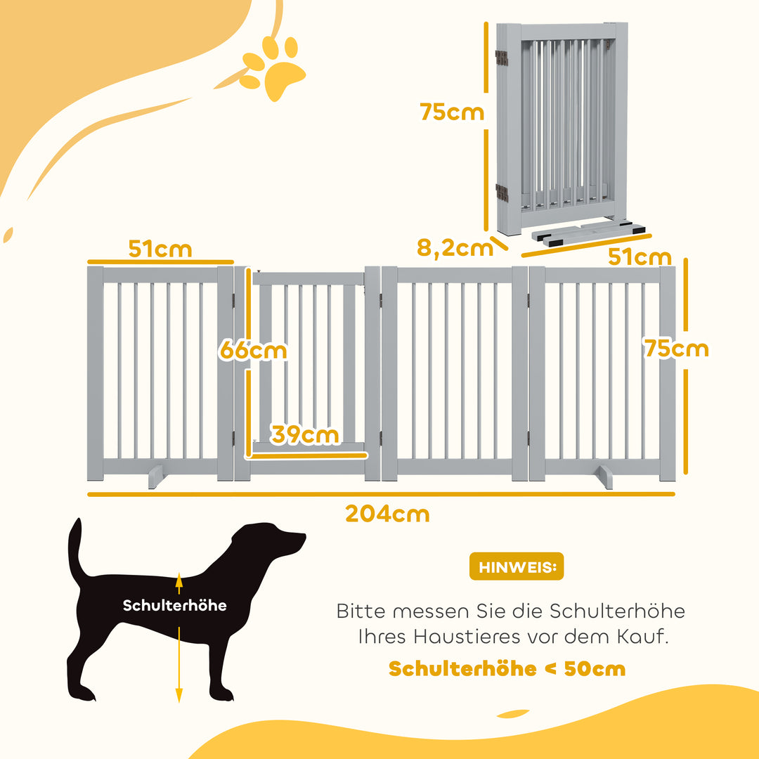 Fritstående hundegitter, 4 paneler, fleksibelt, fyrretræ, 204l x 36b x 75h cm, lysegrå
