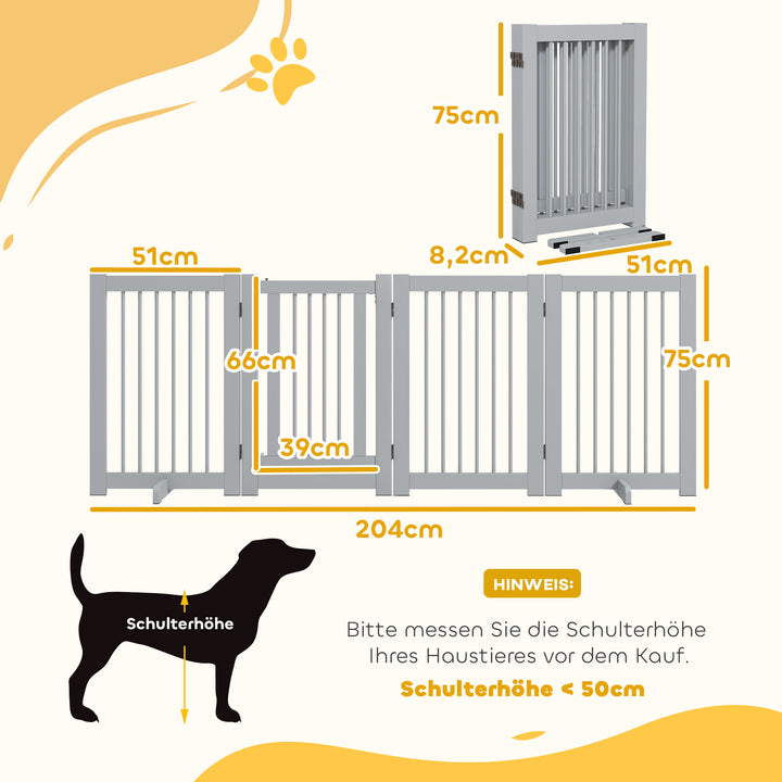 Fritstående hundegitter, 4 paneler, fleksibelt, fyrretræ, 204l x 36b x 75h cm, lysegrå