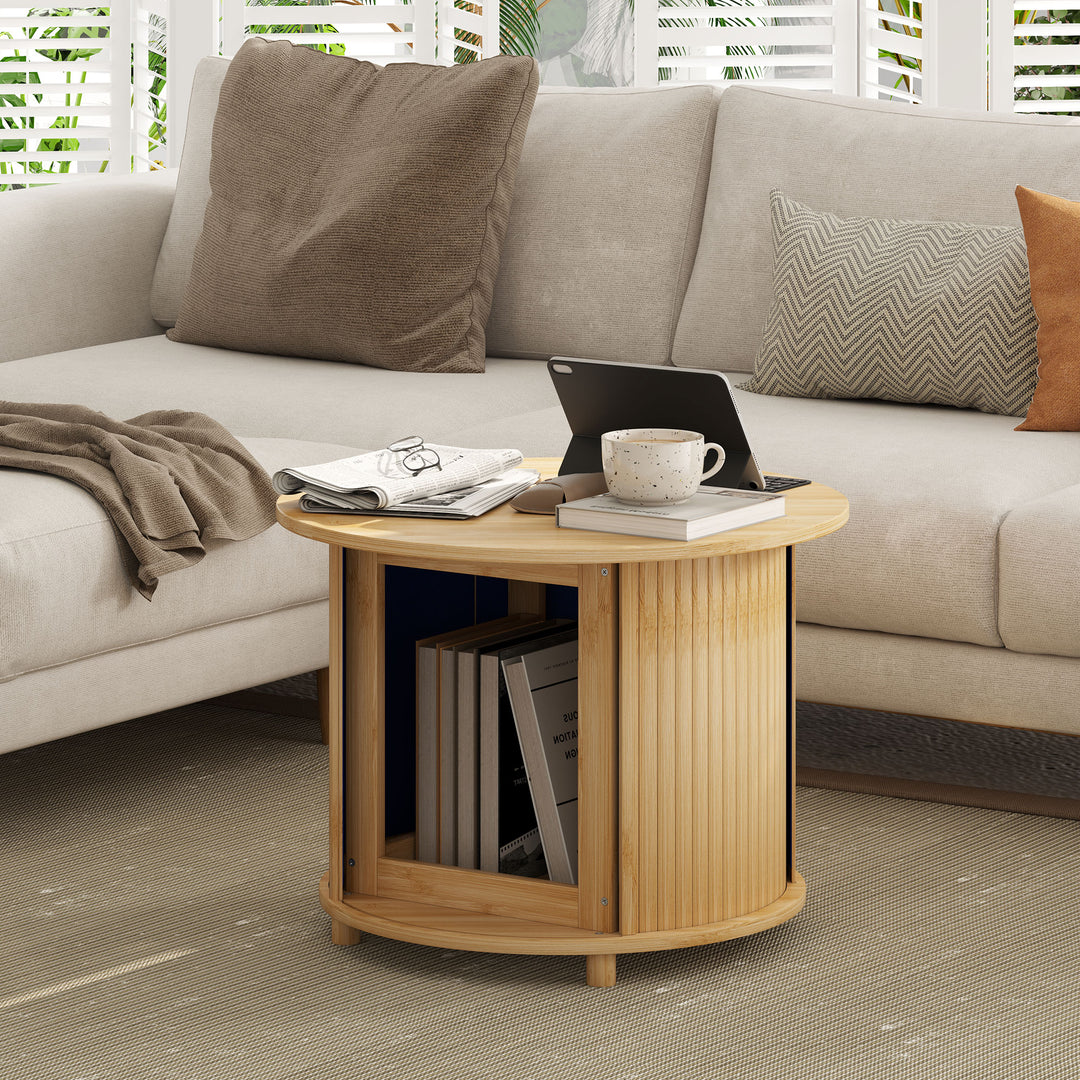 Sidebord, rundt, med opbevaringsplads, skydedør, bambus, Ø60 x 45 cm, lasteevne op til 20 kg