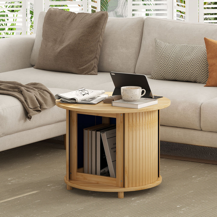 Sidebord, rundt, med opbevaringsplads, skydedør, bambus, Ø60 x 45 cm, lasteevne op til 20 kg