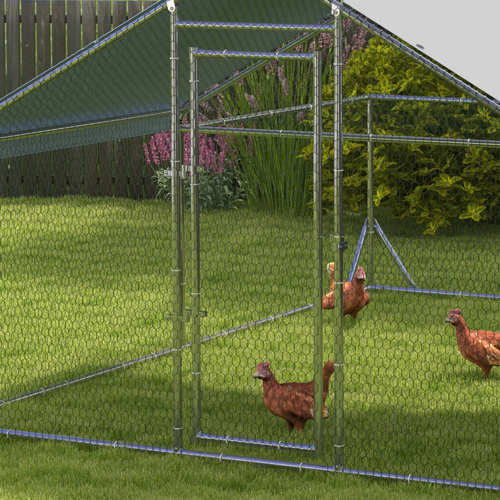 Bantam hønsehus, vejrbestandigt, walk-in hønsehus, stålnet, 400 cm x 300 cm x 195 cm, sølv