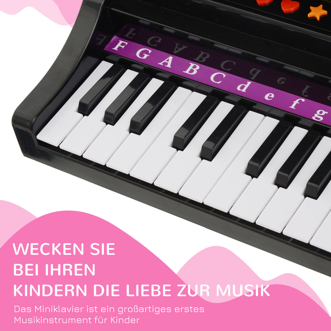 Børnekeyboard med 37 tangenter, skammelklaver med mikrofon, LED-læringstilstand, optagefunktion, klaverinstrument til 3-6-årige børn, sort
