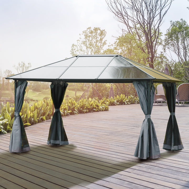 Solrig pavillon med polycarbonattag, gardiner med fluenet, aluminiumsramme, mørkegrå, 3 x 4 x 2,6 m