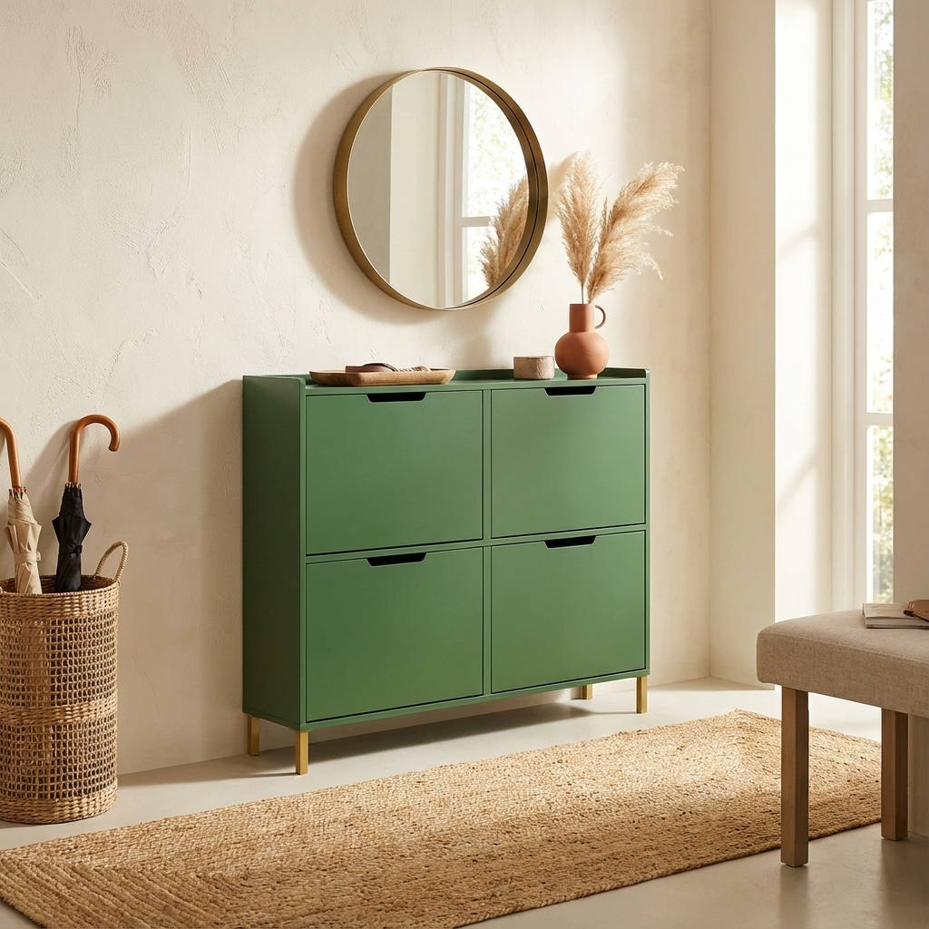 Pladsbesparende skoskab i minimalistisk design, trendy grøn, L100xB19xH90cm