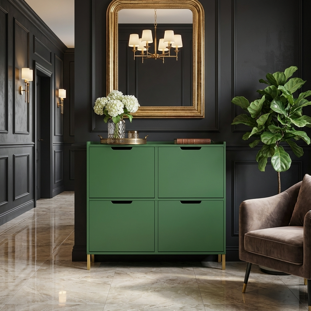 Pladsbesparende skoskab i minimalistisk design, trendy grøn, L100xB19xH90cm