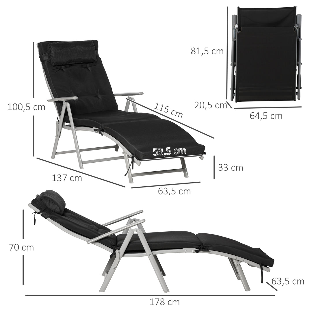 Foldbar solseng med nakkestøtte og sædehynde, liggestol med 7-vejs justerbar ryglæn, haveliggestol, afslapningsliggestol, lasteevne op til 165 kg, til haveferie, udendørs, sort