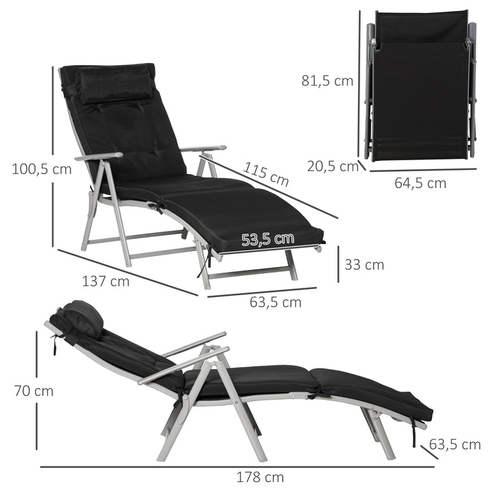 Foldbar solseng med nakkestøtte og sædehynde, liggestol med 7-vejs justerbar ryglæn, haveliggestol, afslapningsliggestol, lasteevne op til 165 kg, til haveferie, udendørs, sort