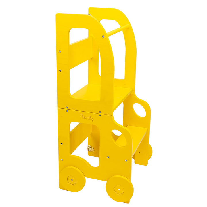 Køkkentrappe / montessori-læringstårn: bord, stol og trappe i ét til barn, gul