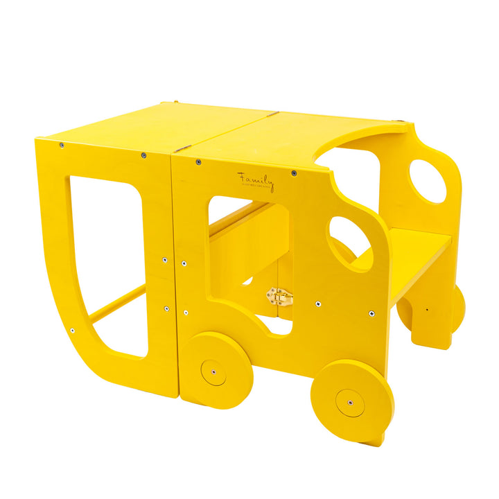Køkkentrappe / montessori-læringstårn: bord, stol og trappe i ét til barn, gul