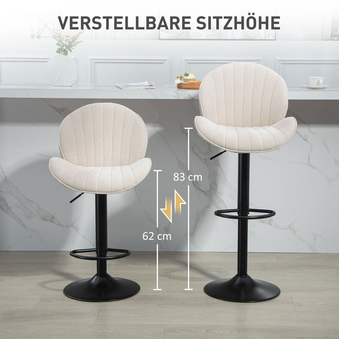 Sæt med 2 barstole, stofbetræk, justerbar sædehøjde, drejelig, stålstel, beige