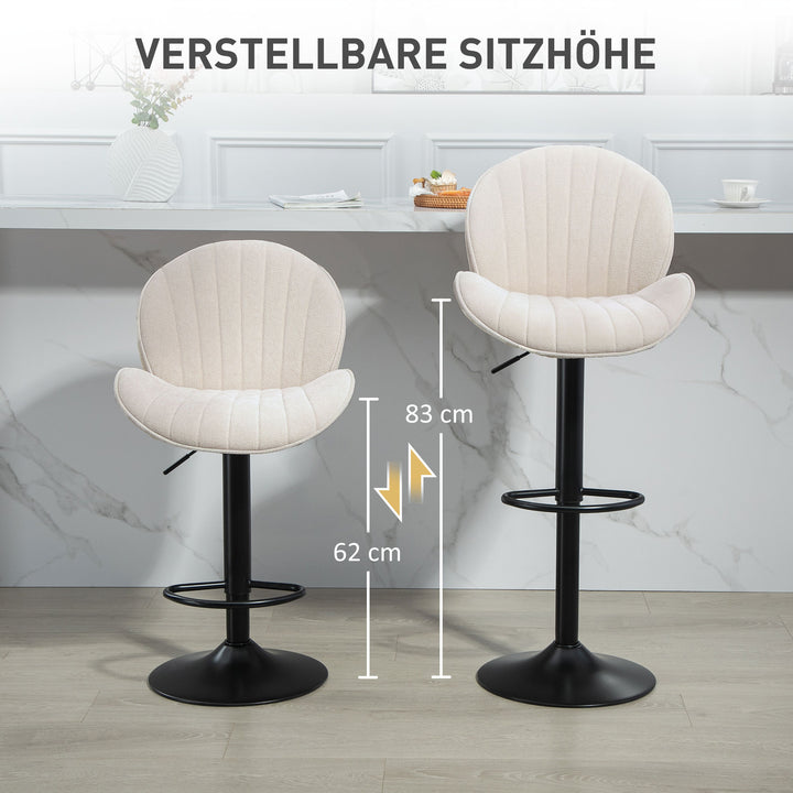 Sæt med 2 barstole, stofbetræk, justerbar sædehøjde, drejelig, stålstel, beige