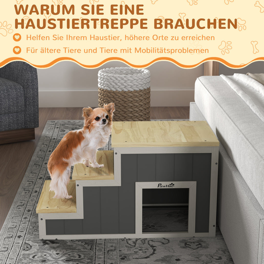 Kæledyrstrappe hundetrappe, 3 trin, fyrretræ, 79 cm x 38,5 cm x 45 cm, naturlig + hvid