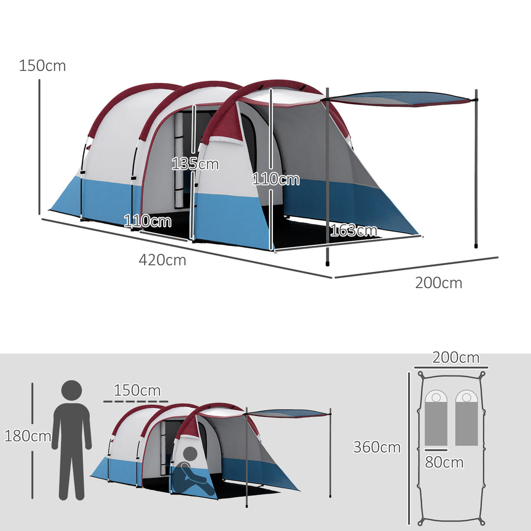 Campingtelt, til 3 personer, lanternekrog, tre indgange, vandtæt, rød