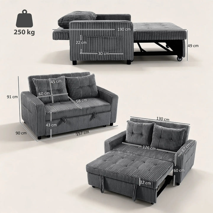2-personers sovesofa i fløjl, omdannes nemt til seng, inkl. 2 puder og sidelommer, 157 x 190 cm, mørkegrå