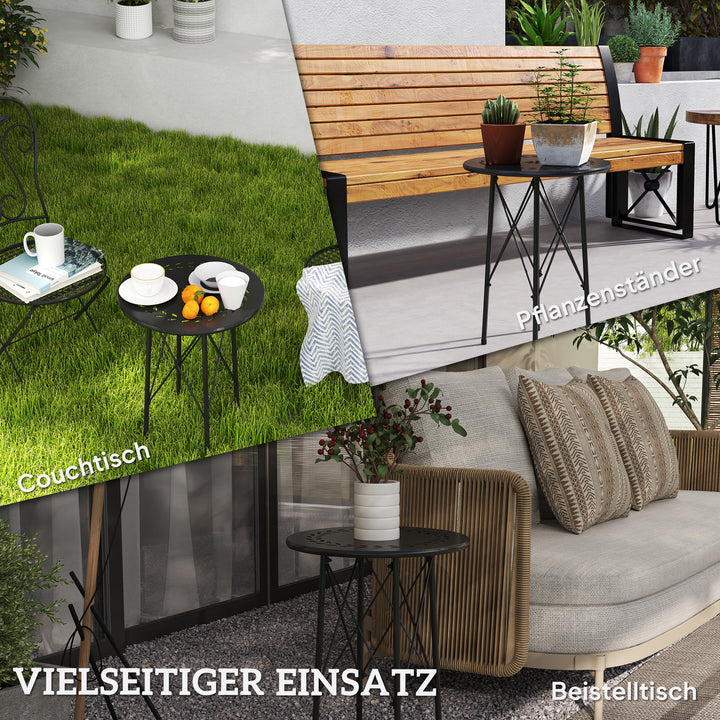 Havebord, rundt terrassebord med blomstermønster, stål, bistrobord til indendørs og udendørs brug, sort