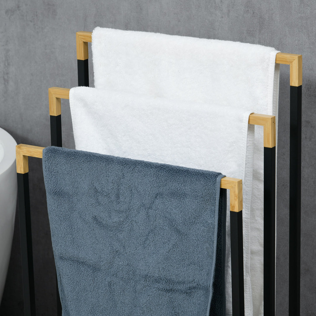 Kleankin håndklædeholder håndklædeholdersæt med 3 håndklædestænger, industrielt design, bambus, 45 x 22,5 x 86 cm, sort + naturlig
