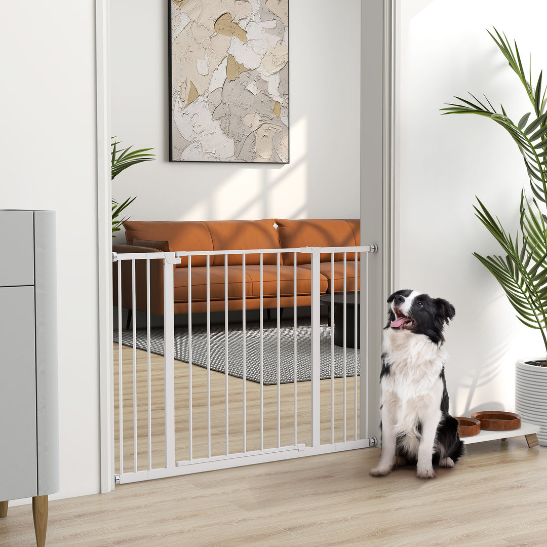 Dørsikkerhedslåge, trappesikkerhedslåge uden boring, hundebarrierer, kæledyrssikkerhedslåge, hundegitter, klemmemontering, metal, hvid, 76-107 x 76 cm