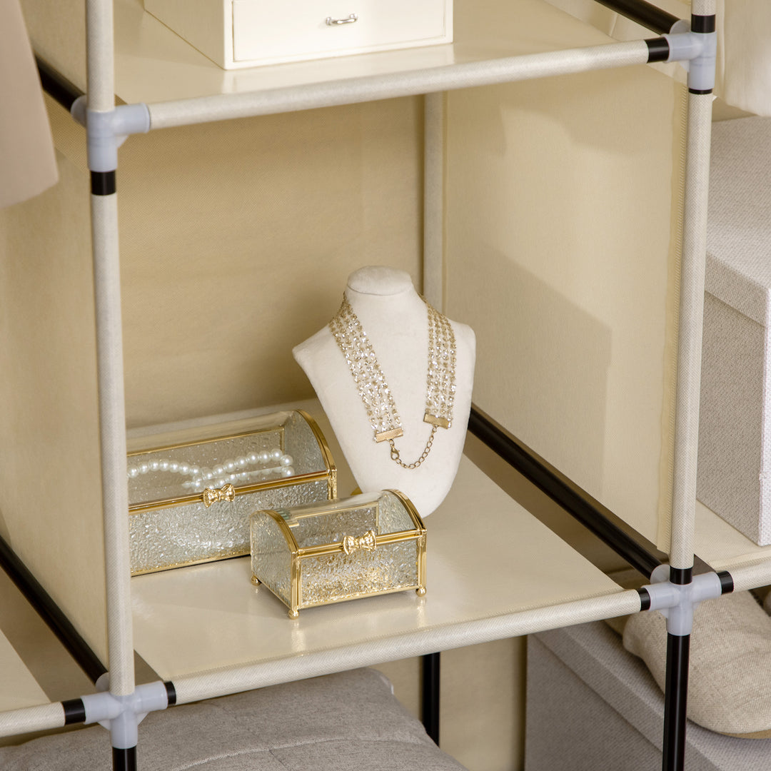 Stofgarderobe, opbevaringsløsning, 8 hylder, 2 garderobestativer, beige