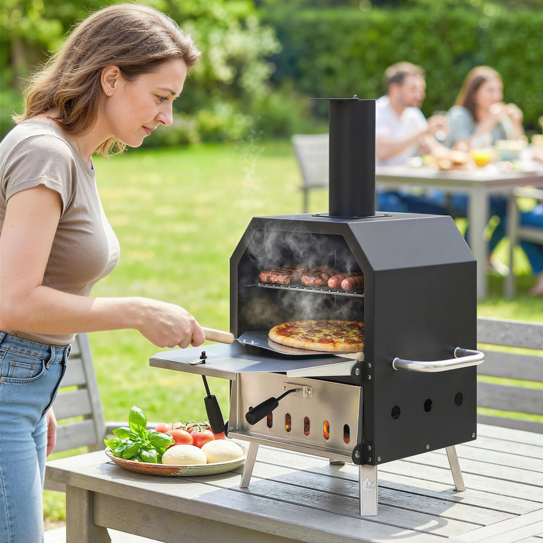 Udendørs brændefyret pizzaovn, rustfrit stål, 2-lags ovn med 1 cm tyk pizzasten, sammenklappeligt ben