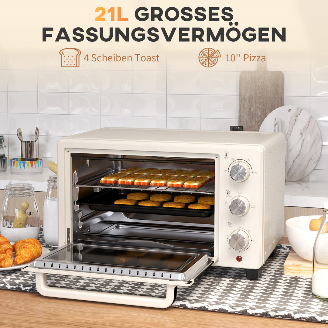 Miniovn, lille 21 l brødristerovn med 1 rist og 1 bageplade, 3 tilberedningstilstande, 100°c-230°c, rustfrit stål, glas, cremehvid